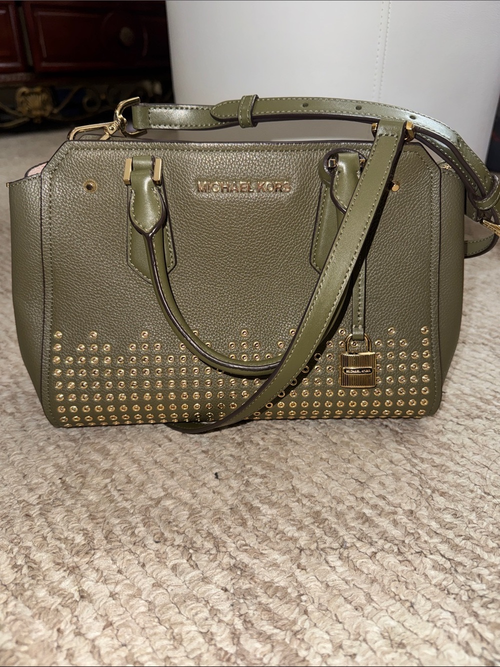 Michael Kors Olive Green Studded Satchel with Gold Hardware